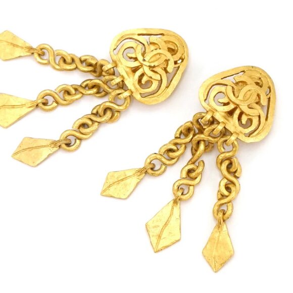 CHANEL CC Logos Fringe Dangle Clip-On Earrings Gold Tone 95P Auth w/Box #24367 - Picture 4 of 6